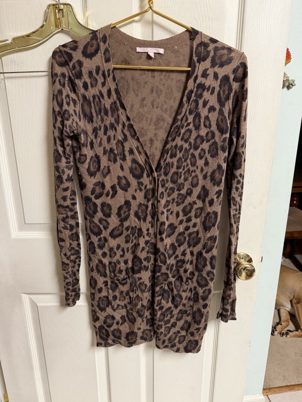 REBECCA TAYLOR Brown animal leopard silk cashmere Wool cardigan knit Med 39x33